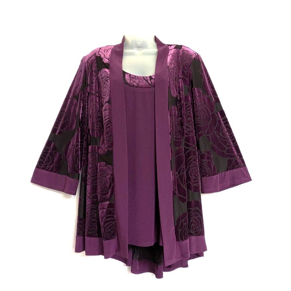 R&M Richards Velvet Burnout Floral Rose 2pc Set Jacket & Top Purple Black  16W